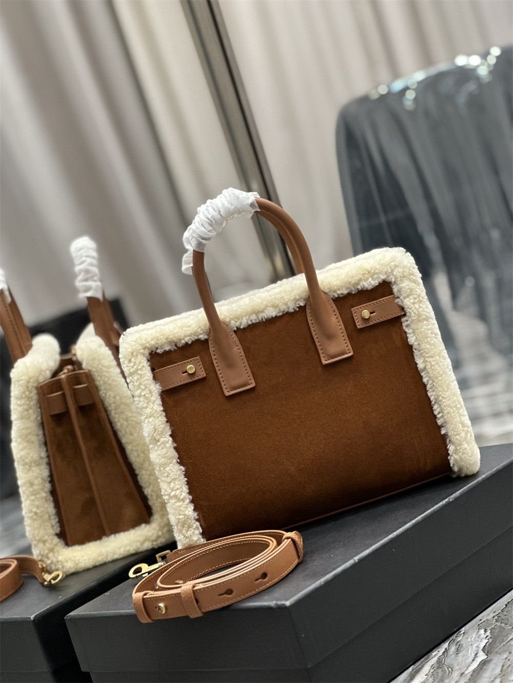 y*l sac de jour S*pple samll in suede and shearling dark cigar and natural beige