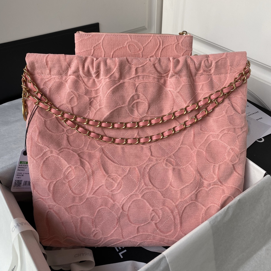 Ch*el 22 handbag velvet pink 15.2×16.4×3.1 in