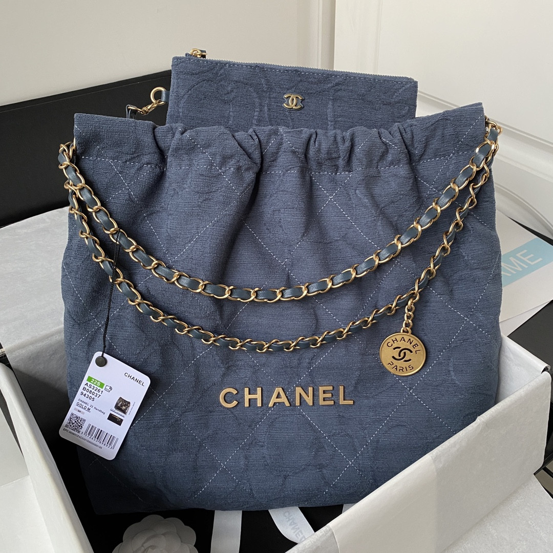 Ch*el 22 handbag velvet blue 15.2×16.4×3.1 in