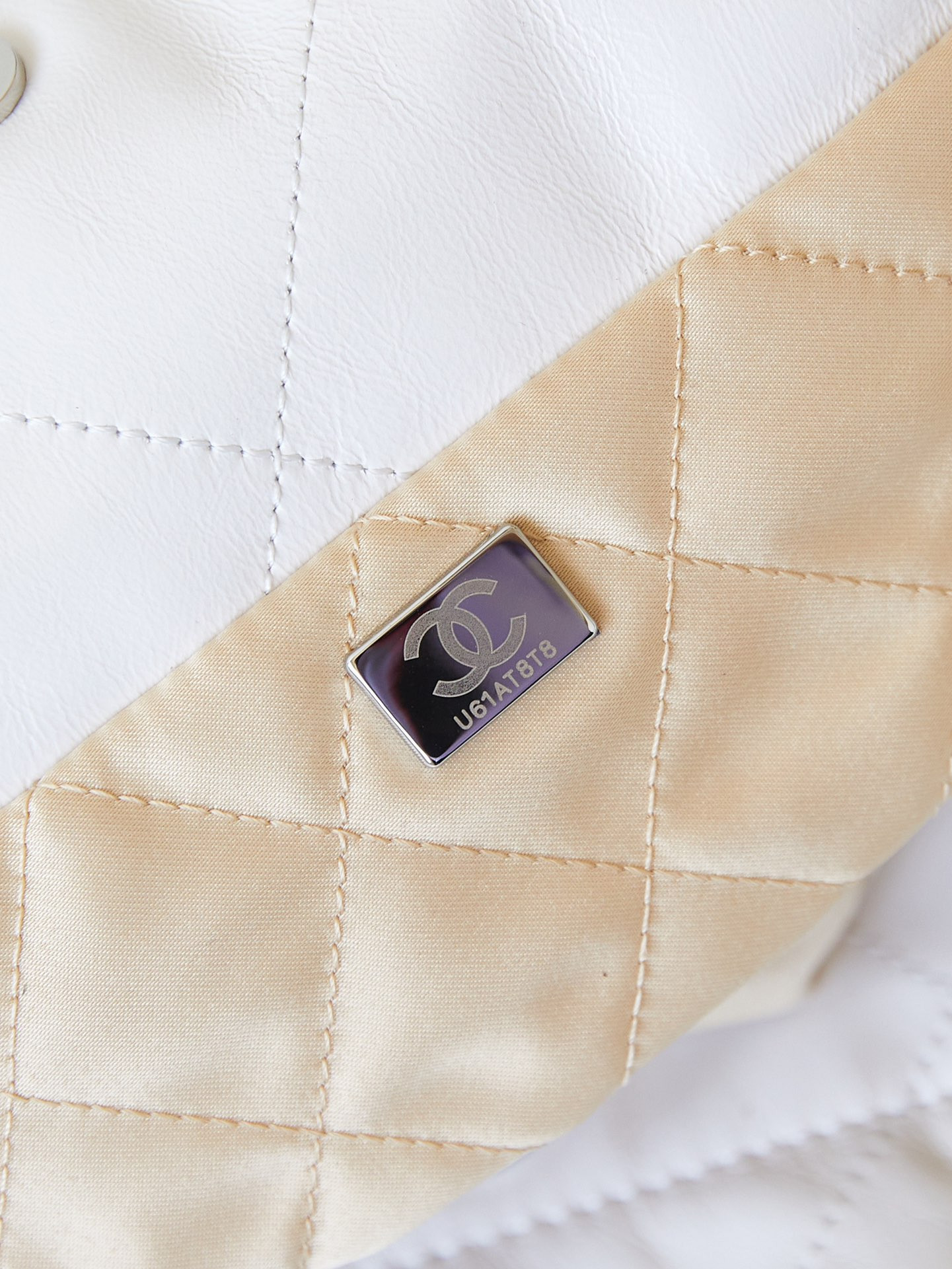 Ch*el 22 small handbag shiny calfskin & rainbow metal white 15.2×16.4×3.1 in