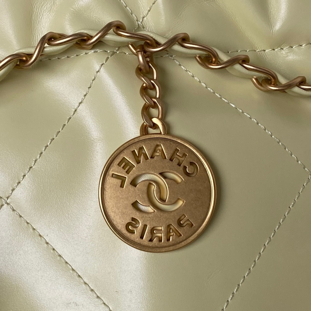 Ch*el 22 handbag shiny calfskin yellow 30×45×8cm