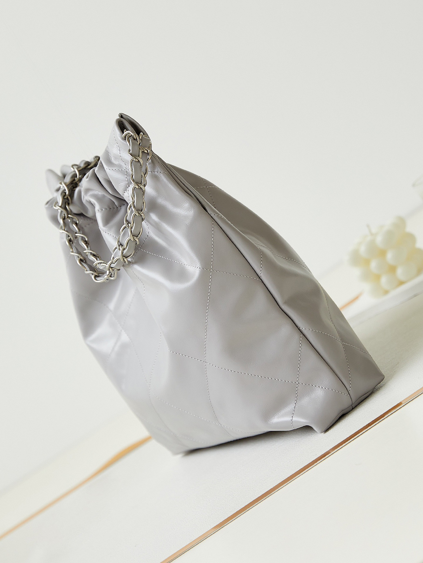 Ch*el 22 small handbag shiny calfskin grey 13.7×14.4×2.7 in