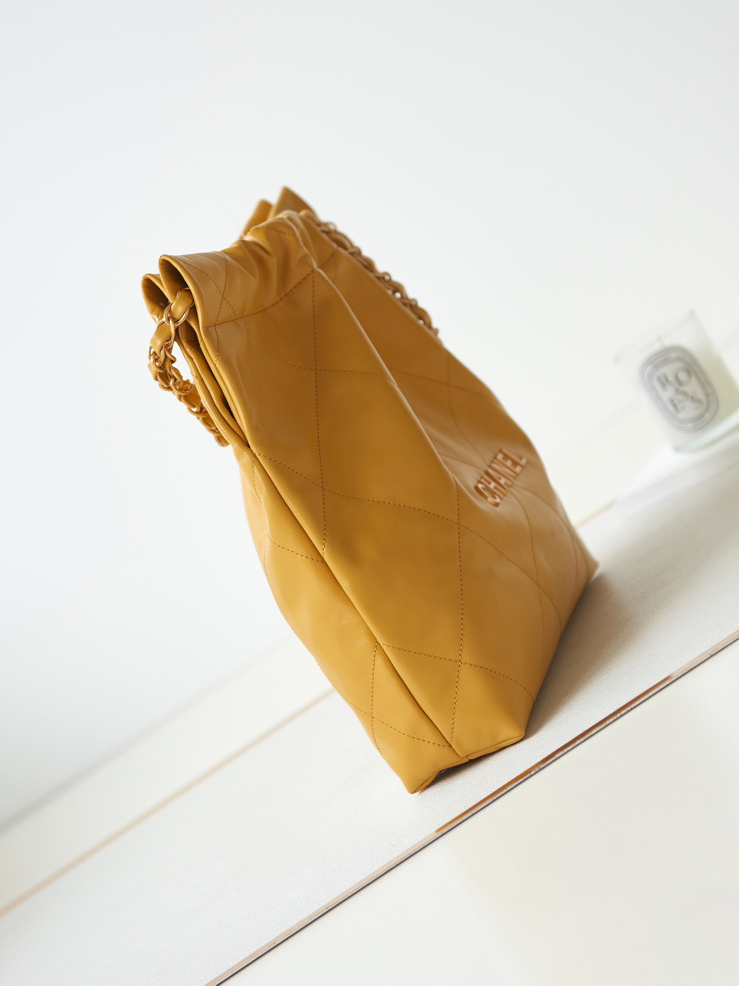 Ch*el 22 small handbag shiny calfskin yellow 13.7×14.4×2.7 in