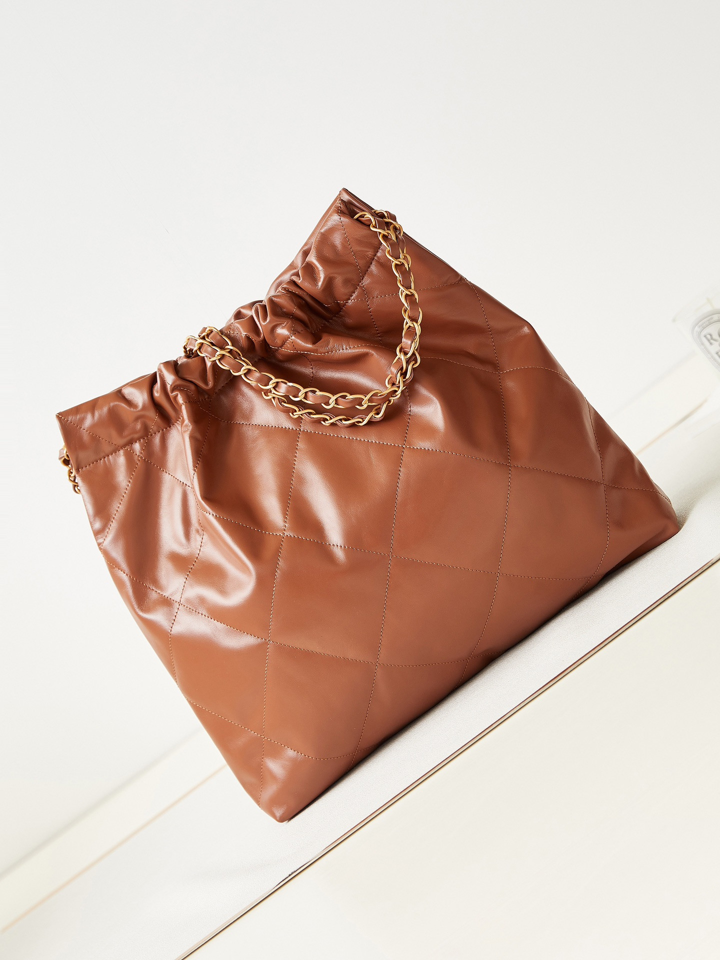 Ch*el 22 small handbag shiny calfskin brown 13.7×14.4×2.7 in