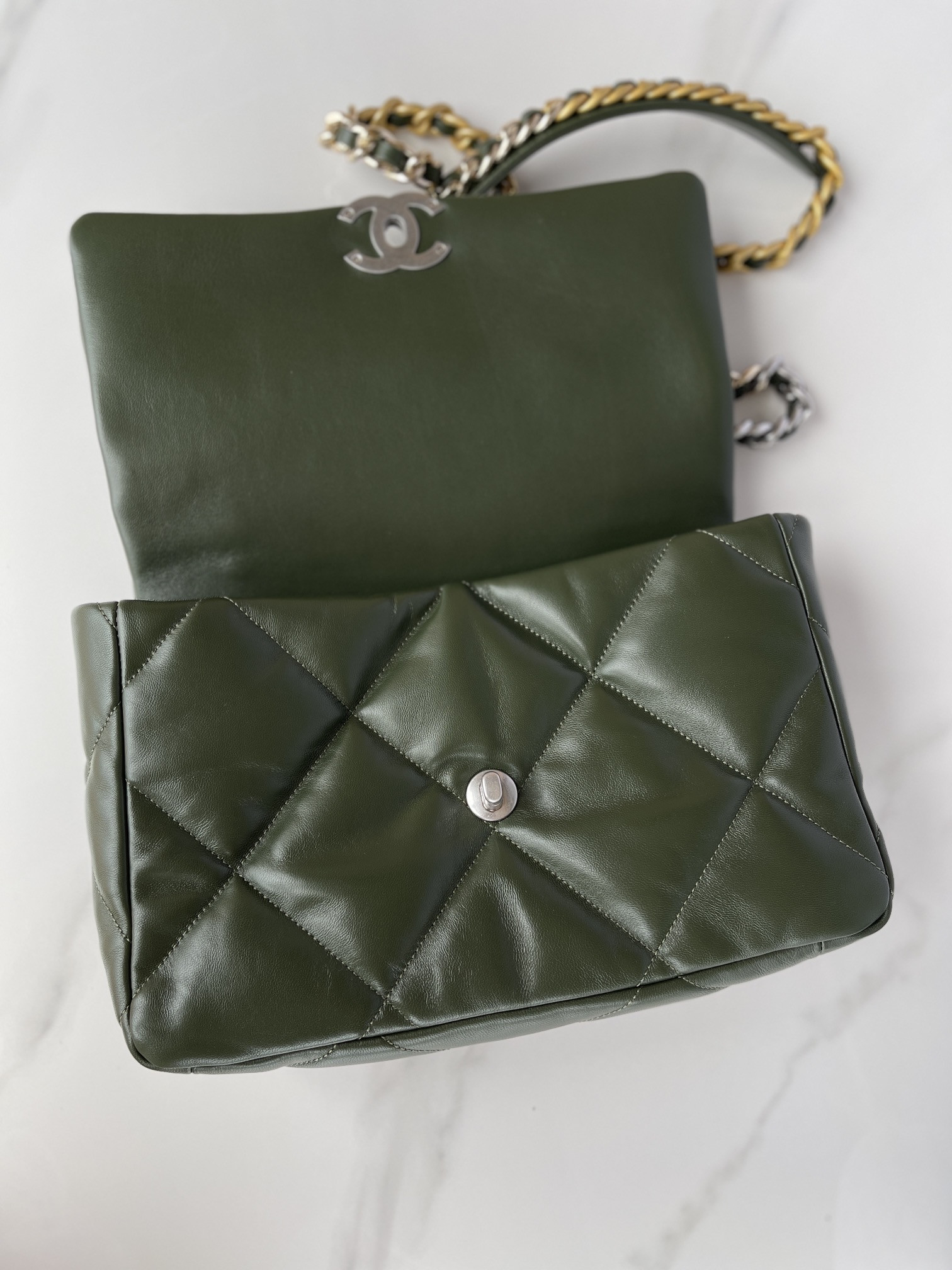 Ch*el 19 large handbag shiny leather, gold-tone, silver-tone & ruthenium-finish metal dark green 7.8 × 11.7 × 3.9 in