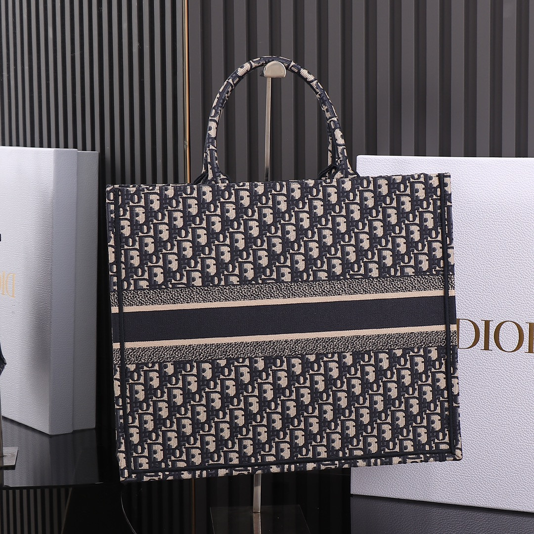 large D*or book tote  ecru and blue D*or oblique embroidery 16.5 x 14 x 7.5 inches