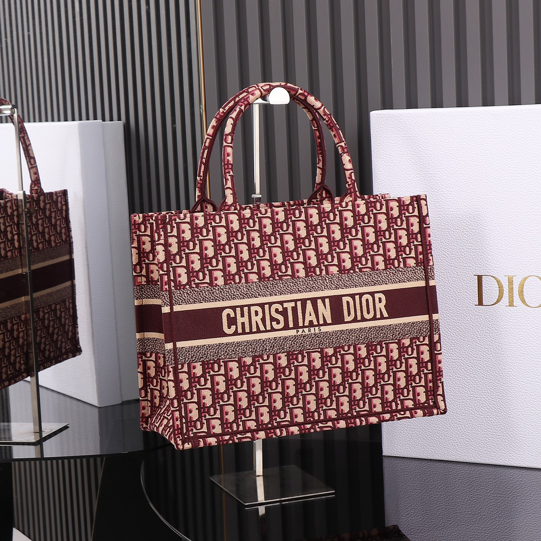 medium D*or book tote oblique burgundy 14 x 11 x 6.5 inches