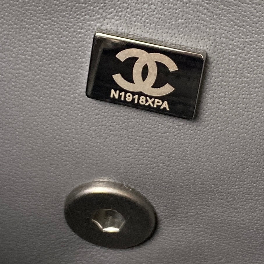 Ch*el mini flap bag shiny calfskin & silver-tone metal gray 4.7 × 7.8 × 2.3 in