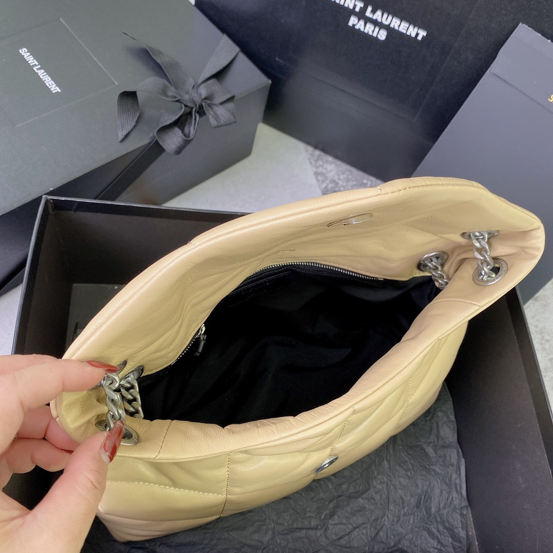 Y*L puffer small in nappa leather beige silver 11.4 x 6.6 x 4.3 inches