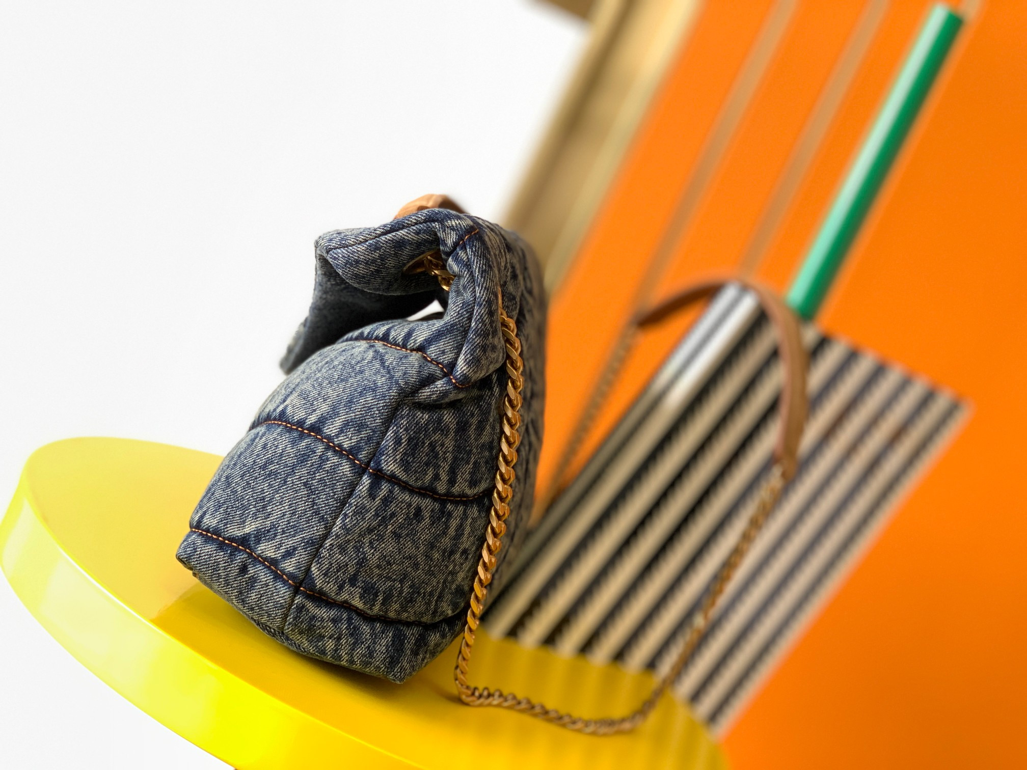 Y*L puffer small in suede and denim light blue 11.4 x 6.6 x 4.3 inches