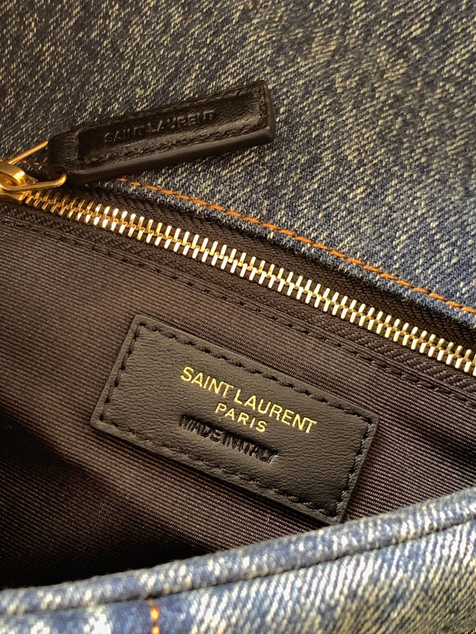 Y*L puffer small in suede and denim light blue 11.4 x 6.6 x 4.3 inches