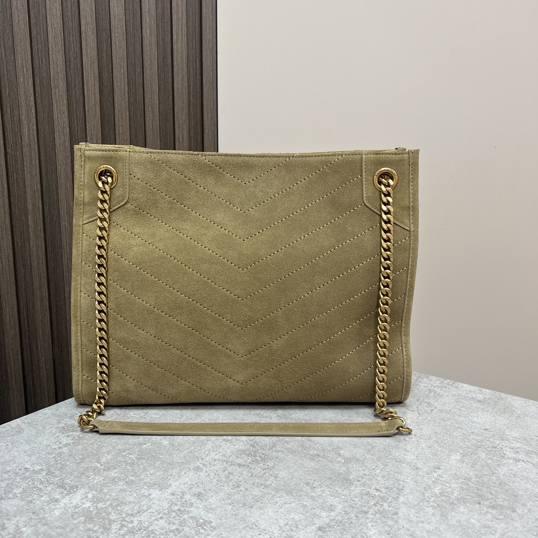 Y*L niki medium shopping in suede barley green 12.9 x 10.6 x 4.5 inches