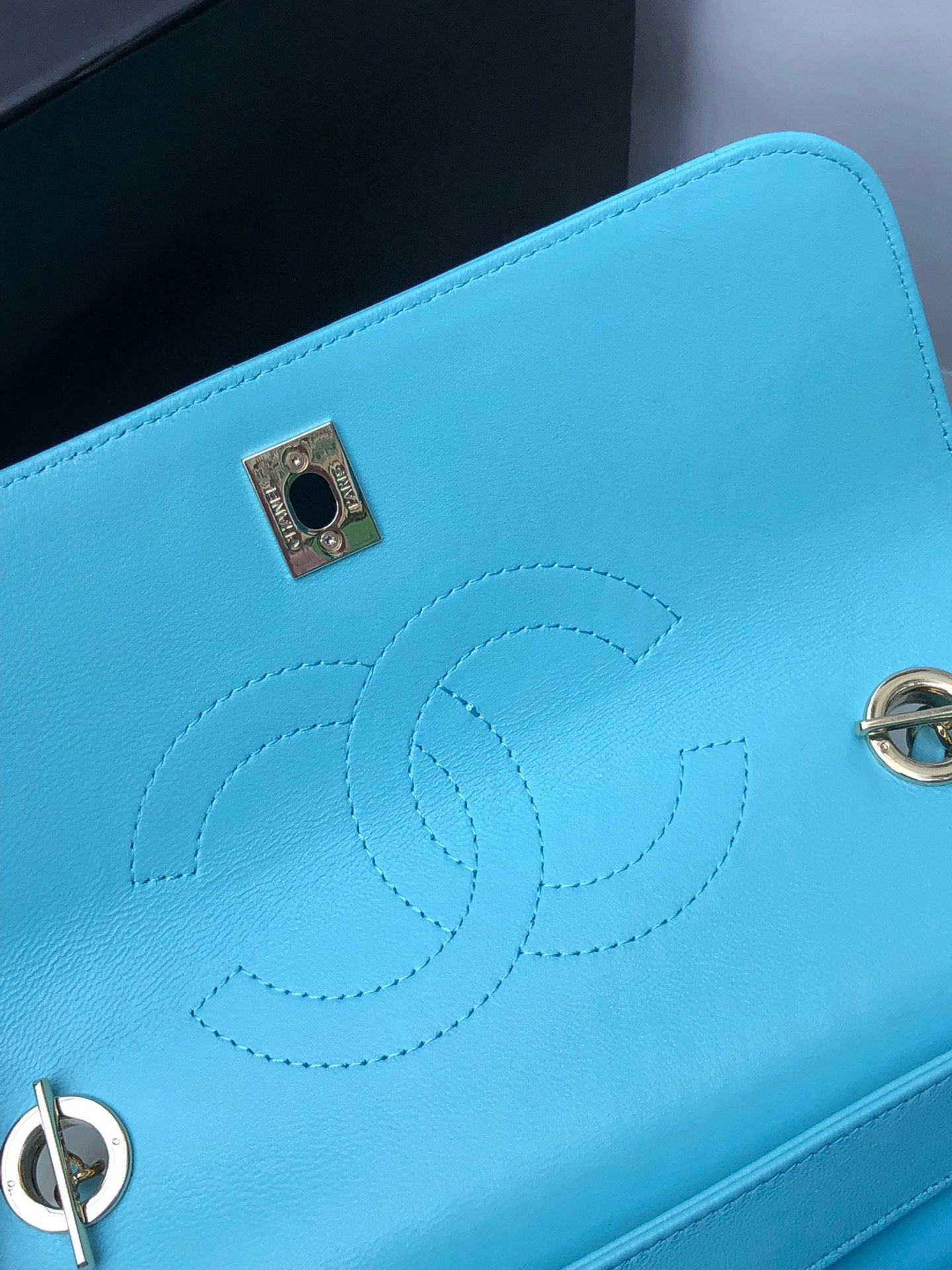 Ch*el flap bag with top handle 6.6 × 9.8 × 4.7 in