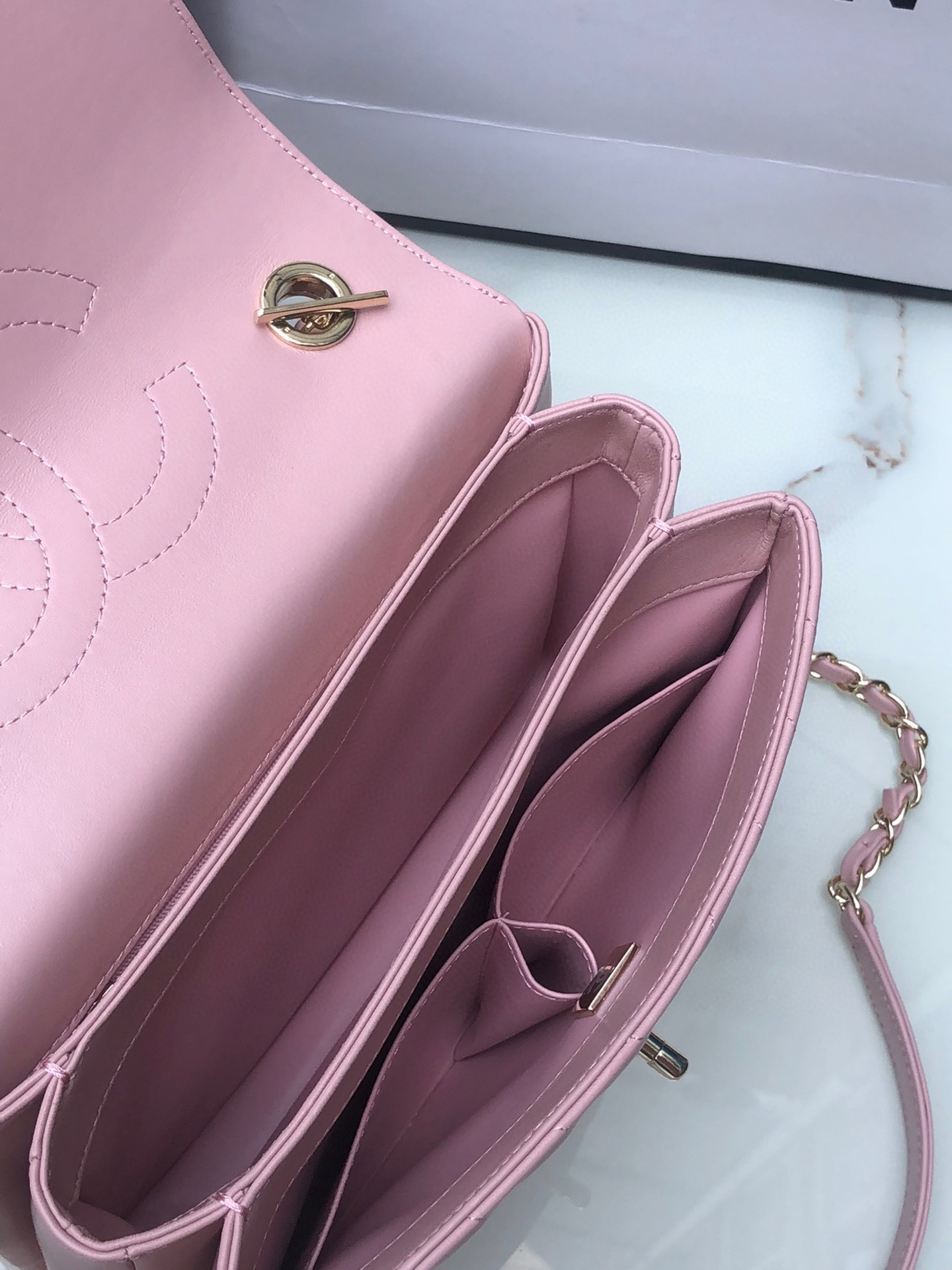 Ch*el flap bag with top handle pink 6.6 × 9.8 × 4.7 in