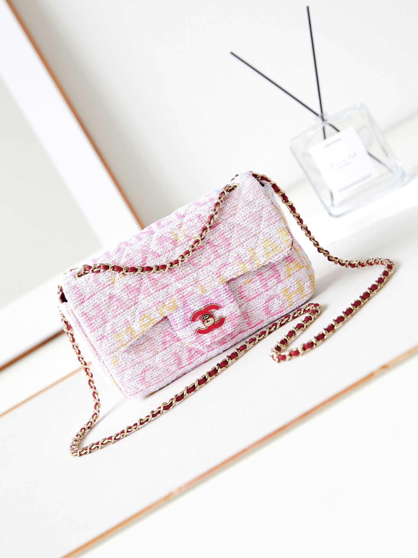 Ch*el quilted pink multicolor tweed mini rectangular flap bag 20×10×7cm