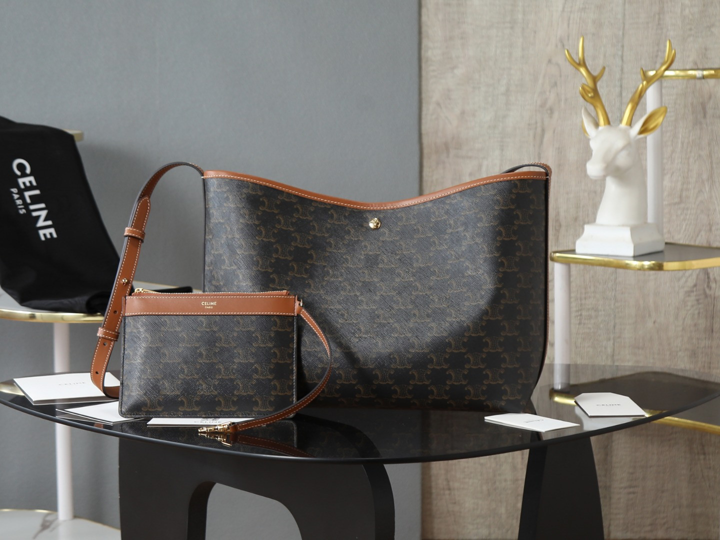 Ce**e soft shopper bag in triomphe canvas and calfskin 32.5x24.5x14cm